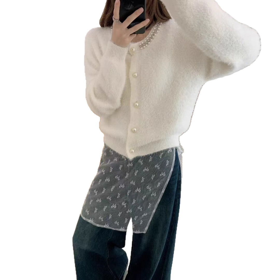 Damen Kuschelige Cardigan mit Perlen-Dekor Drune