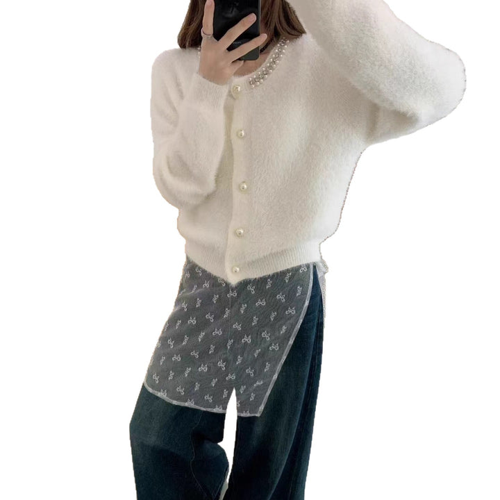 Damen Kuschelige Cardigan mit Perlen-Dekor Drune