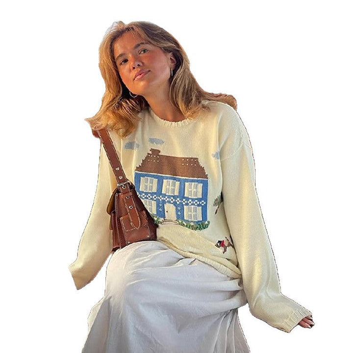 Damen Sweatshirt mit kreativem Hausmotiv Drune