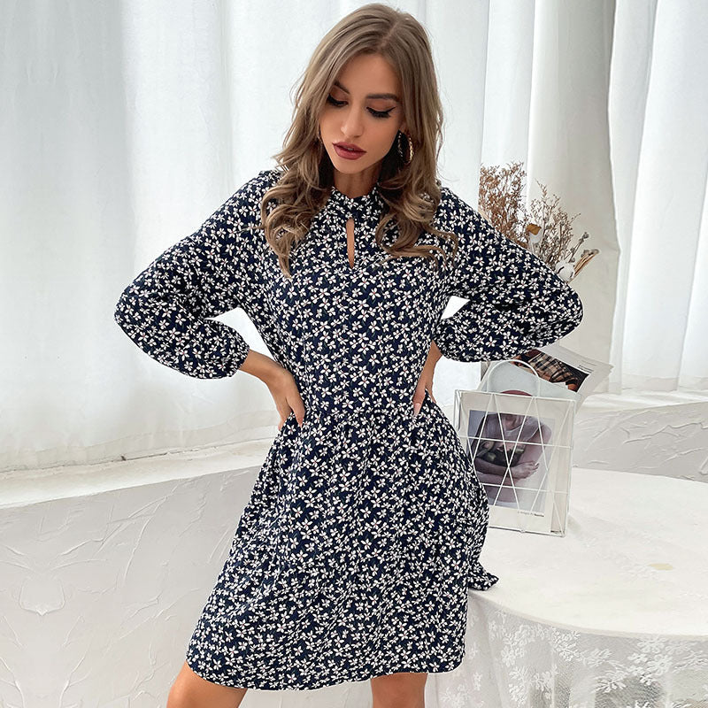 Damen Gestuftes Minikleid mit Stehkragen, Blumenprint und taillierter A‑Linie Drune