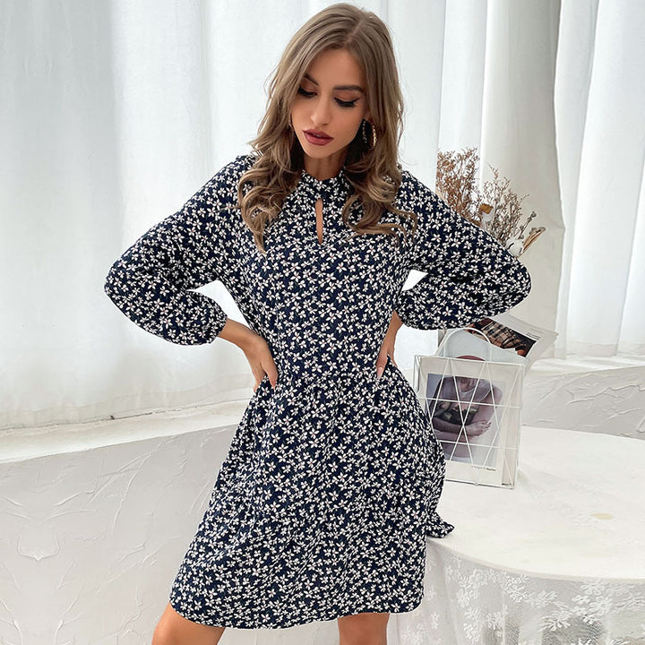 Damen Gestuftes Minikleid mit Stehkragen, Blumenprint und taillierter A‑Linie Drune