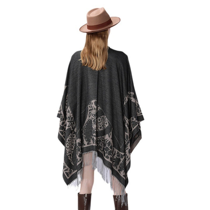 Damen Oversize-Umhangponcho mit floralen Medaillon-Jacquard und Fransensaum Drune