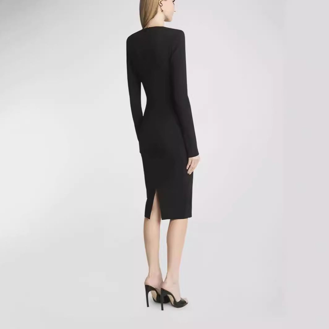 Damen Figurbetontes Midikleid mit Rundhalsausschnitt und langen Ärmeln Drune