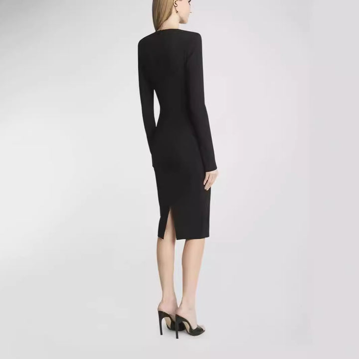 Damen Figurbetontes Midikleid mit Rundhalsausschnitt und langen Ärmeln Drune