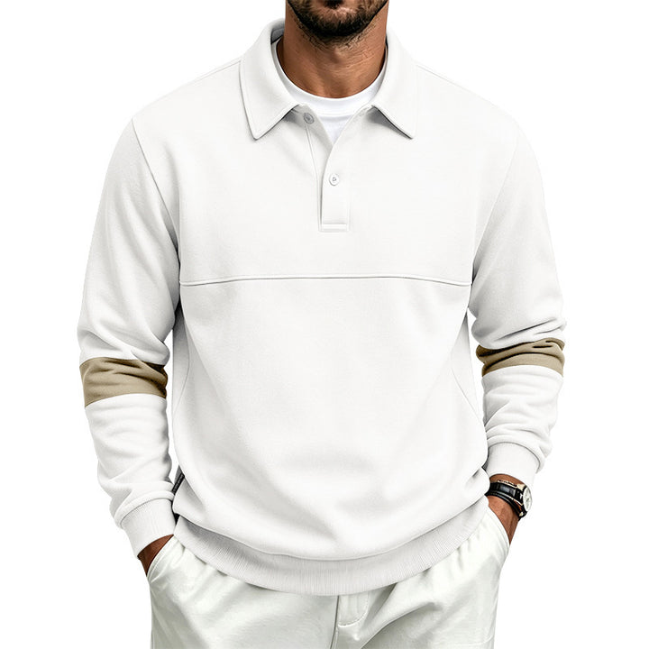 Herren Langärmeliges Poloshirt-Sweatshirt mit verdeckter Knopfleiste, Brustnaht und Kontraststreifen Drune