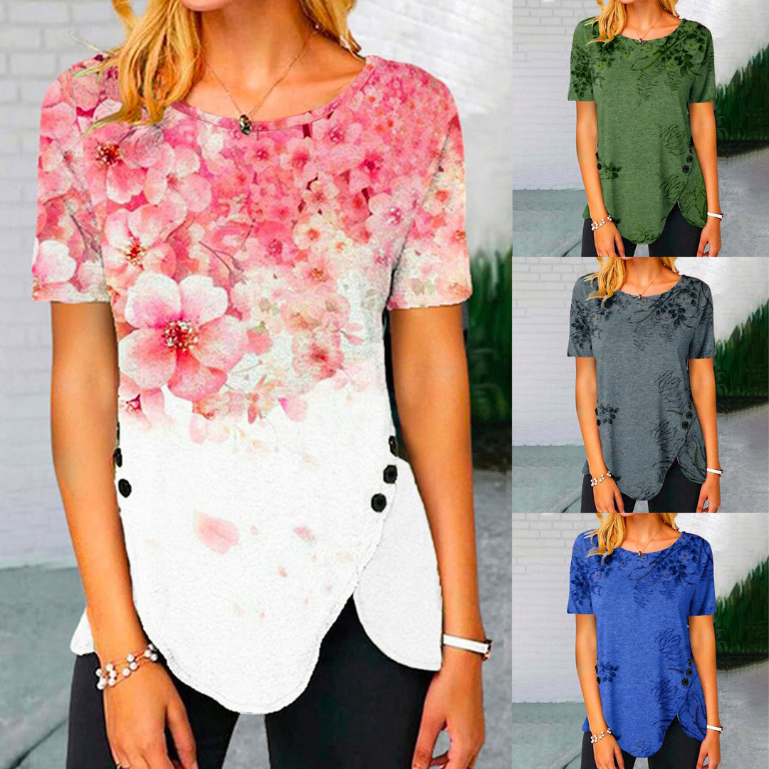 Damen lässiges T-Shirt mit dekorativem Floraldesign und asymmetrischem Saum Drune