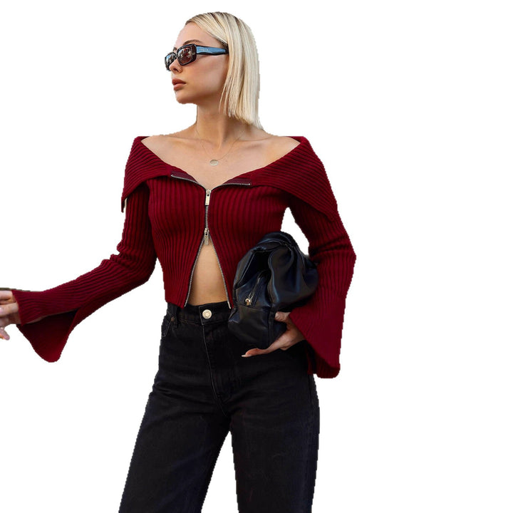 Damen modischer Off-Shoulder Pullover mit Reißverschluss Drune