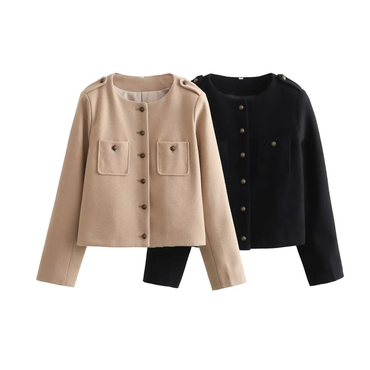 Damen nan kurze Wolloptik-Jacke mit Rundhalsausschnitt, aufgesetzten Pattentaschen und Schulterpatten Drune