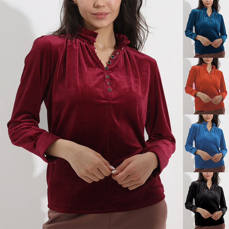 Damen Elegantes Samtoberteil mit gerafftem Kragen und Knopfdetails Drune