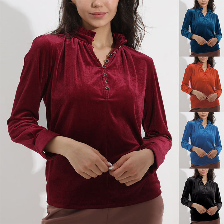 Damen Elegantes Samtoberteil mit gerafftem Kragen und Knopfdetails Drune