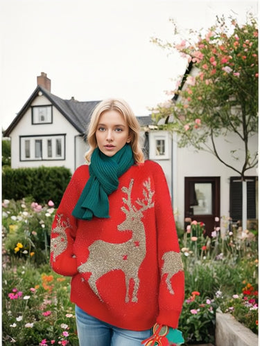 Damen Grobstrickpullover mit festlichem Schneeflockenmuster und weitem Schnitt Drune