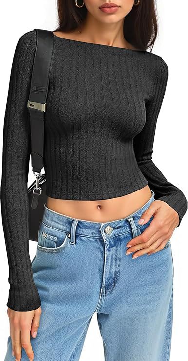 Damen Tailliertes Ripp-Cropped-Longsleeve mit U-Boot-Ausschnitt und Stretch-Baumwollmix Drune