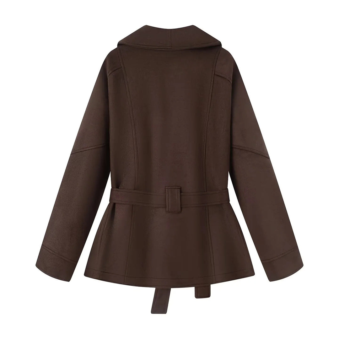 Damen modische Kunstlederjacke mit breitem Revers und taillierbarem Gürtel Drune
