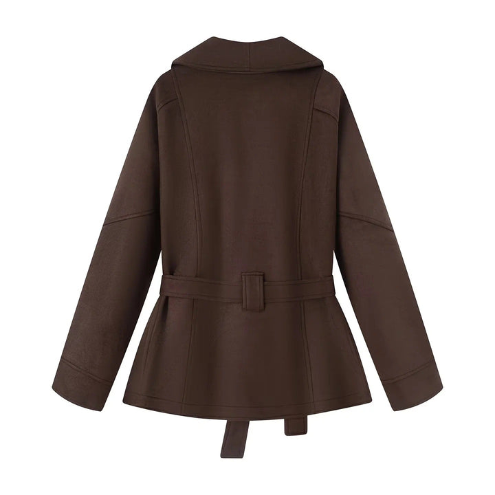 Damen modische Kunstlederjacke mit breitem Revers und taillierbarem Gürtel Drune