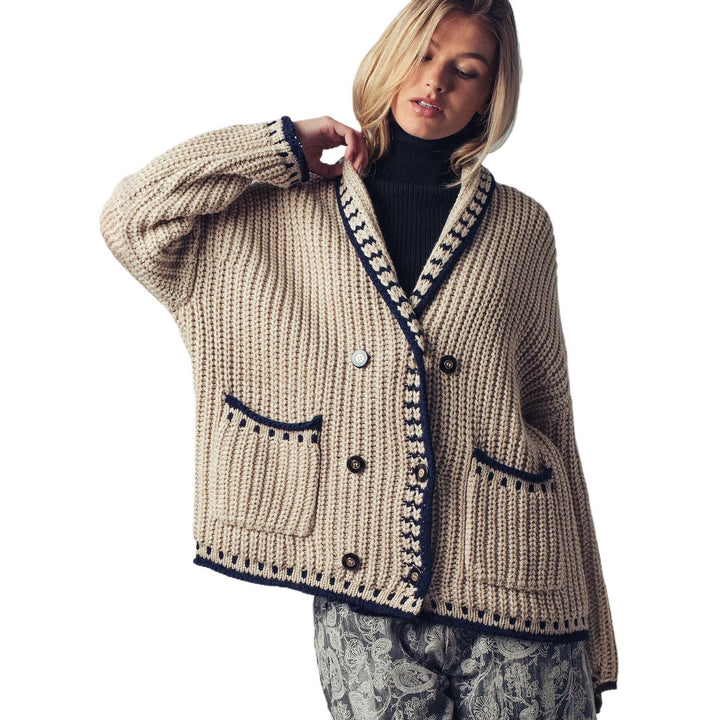 Damen Grobstrick-Cardigan mit Schalkragen, Zierstreifen & aufgesetzten Taschen Drune