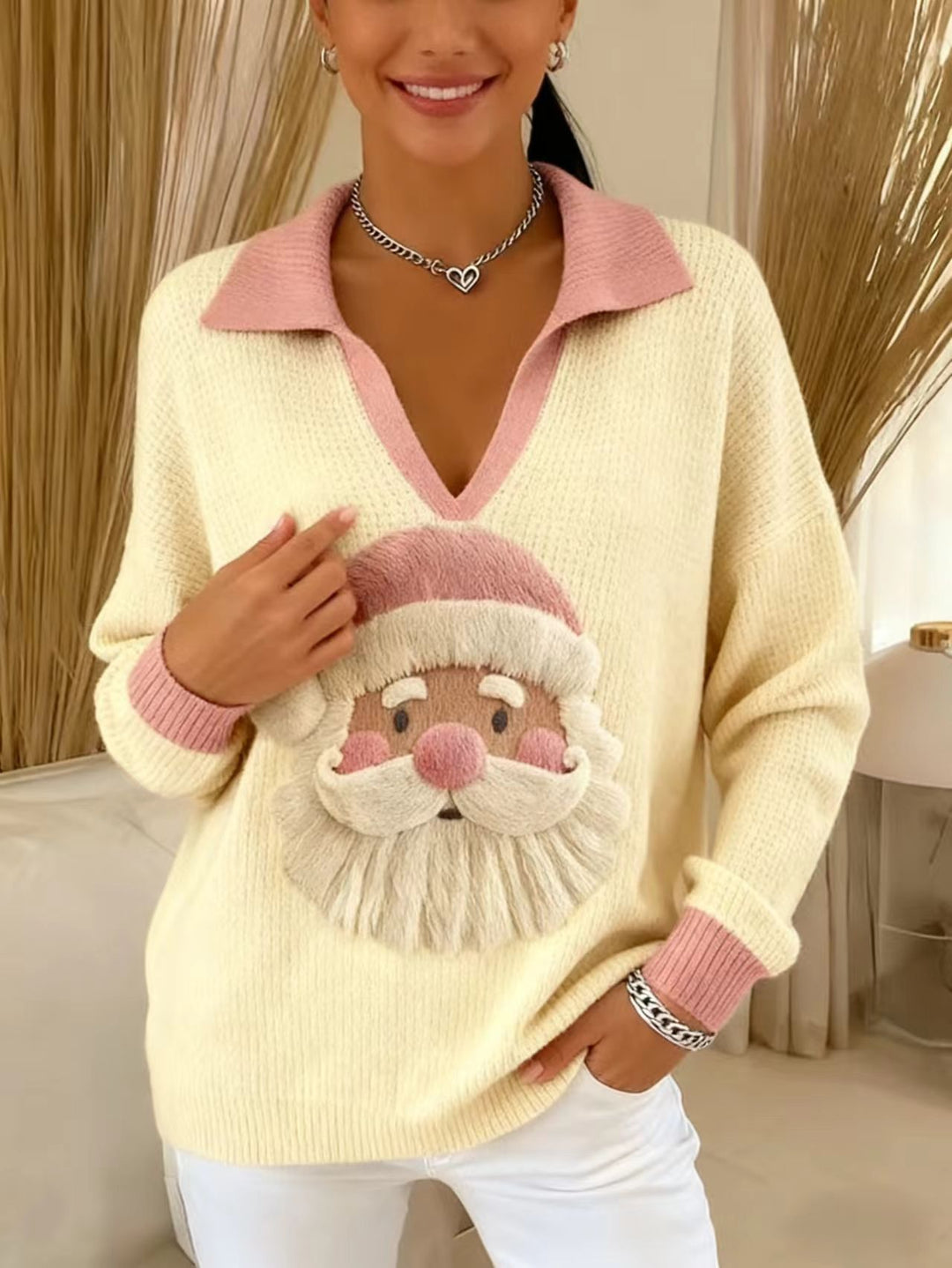 Damen Weicher Strickpullover mit V-Kragen, Polokragen und 3D-Weihnachtsmotiv Drune