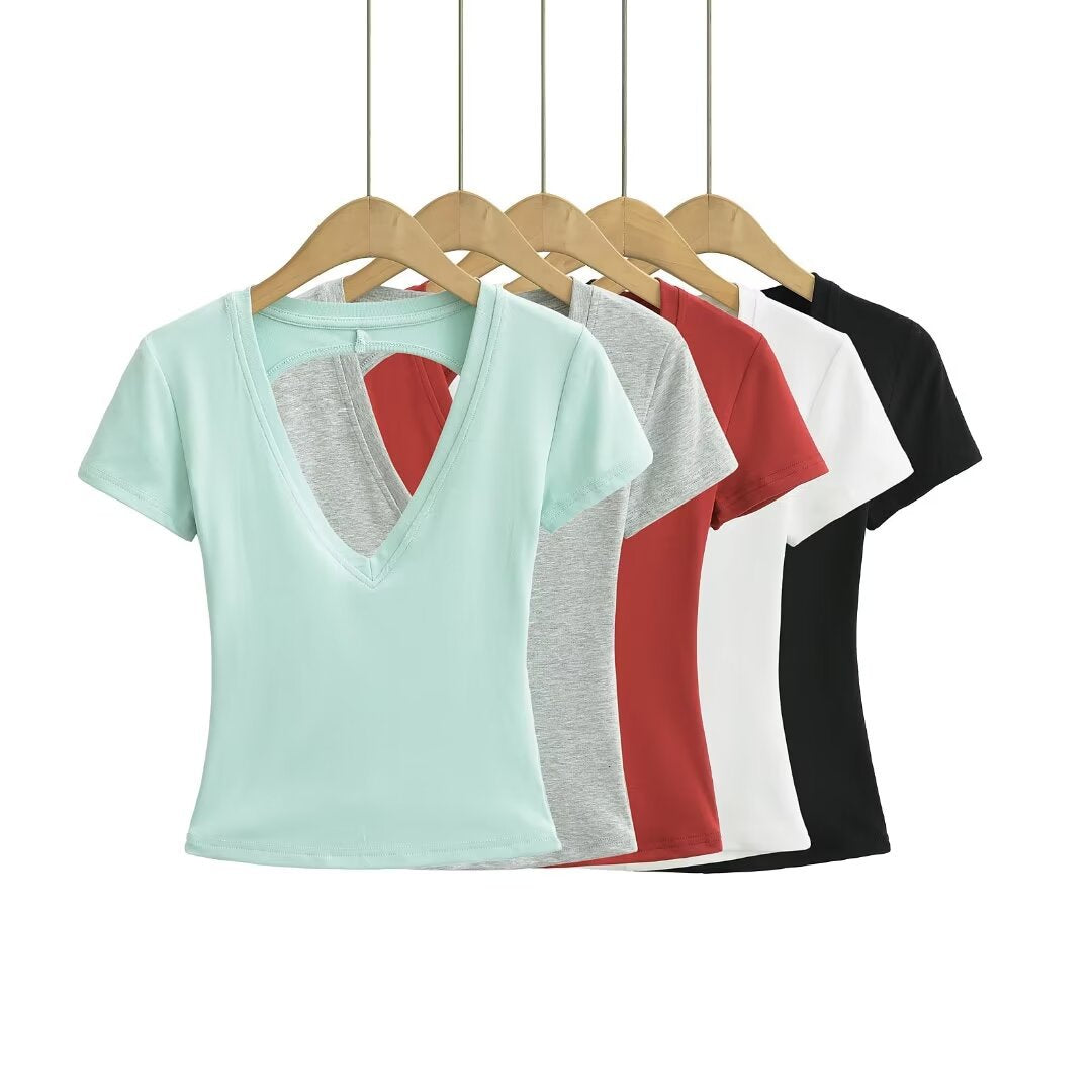 Damen modisches V-Ausschnitt T-Shirt mit offenem Rücken Drune