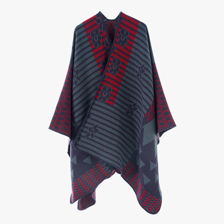 Damen Vielseitiger Strickponcho im Patchwork-Jacquard mit V-Ausschnitt und asymmetrischem Zipfelsaum Drune