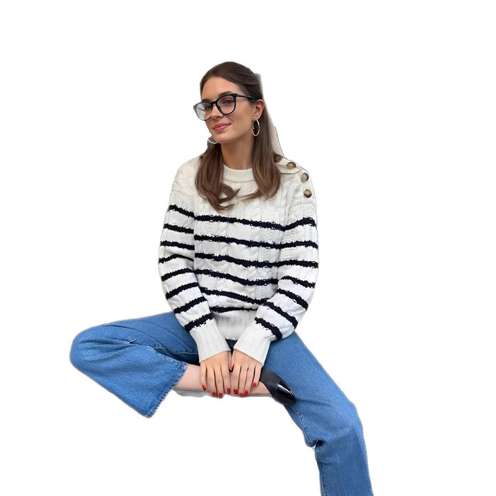 Damen Strickpullover mit maritimen Streifen und Knopfdetails Drune