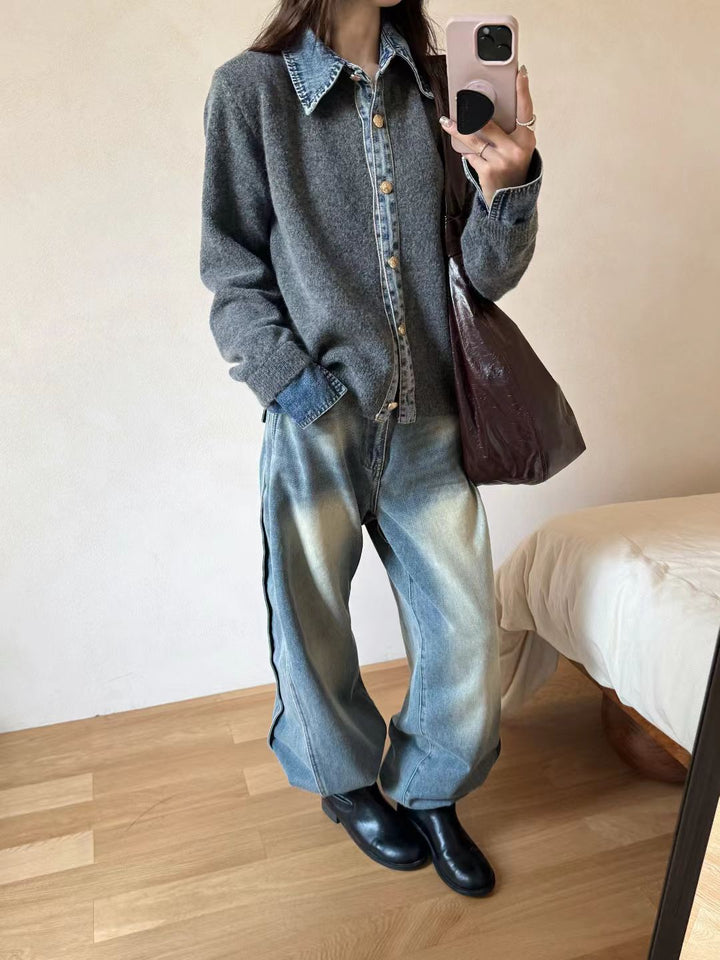Damen lässiges Overshirt mit ausgefallenem Denim-Kragen und Knopfdetails Drune