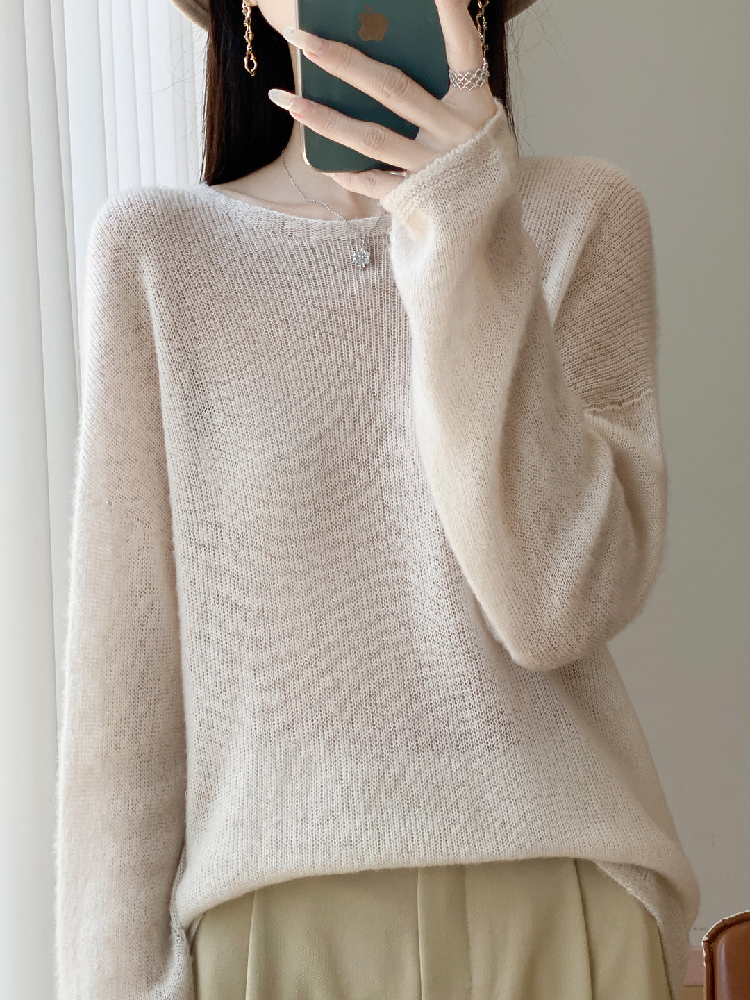 Damen Ultraleichter Mohair‑Look Oversize-Pullover mit U-Boot-Ausschnitt und überschnittener Schulter Drune