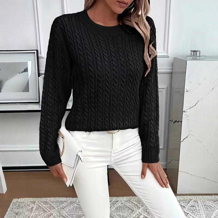 Damen Kurz geschnittener Zopfmuster-Strickpullover mit Rundhalsausschnitt Drune