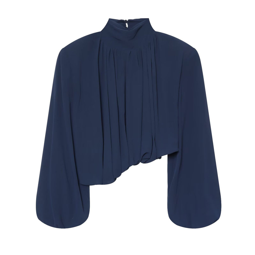 Damen Plissierte Bluse mit Stehkragen und Ballonärmeln Drune