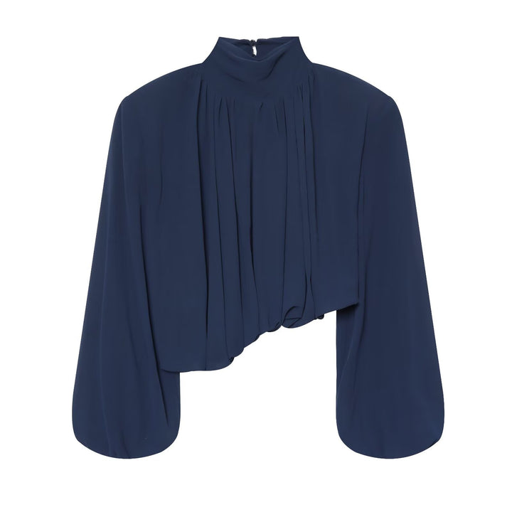 Damen Plissierte Bluse mit Stehkragen und Ballonärmeln Drune