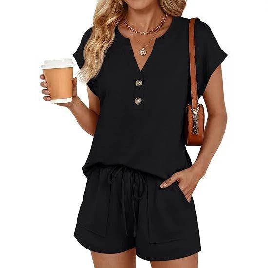 Damen Lässiges zweiteiliges Lounge-Set mit Knopfleiste, Kordelzugshorts und Eingrifftaschen Drune