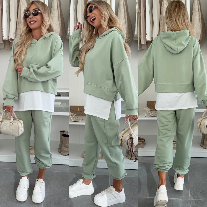 Damen Cropped-Hoodie-Lounge-Set mit asymmetrischem Saum, voluminösen Raglanärmeln und gekrempelter Jogginghose Drune