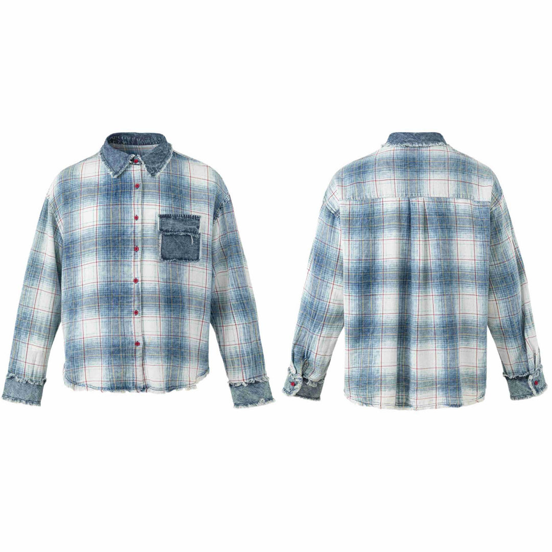 Damen Oversize kariertes Hemdjacke mit Denim-Applikationen und ausgefransten Kanten Drune