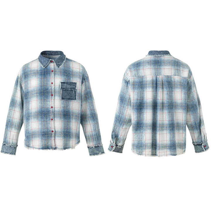 Damen Oversize kariertes Hemdjacke mit Denim-Applikationen und ausgefransten Kanten Drune