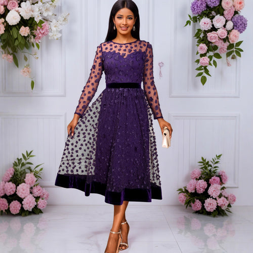 Damen elegantes A-Linien Abendkleid mit floralen Spitzenapplikationen Drune