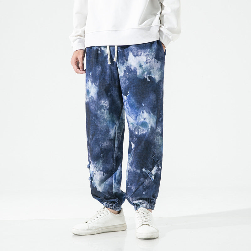 Herren Tie-Dye Baggy Jogginghose mit Tunnelzug, Gummibündchen und dekorativen Riemen Drune