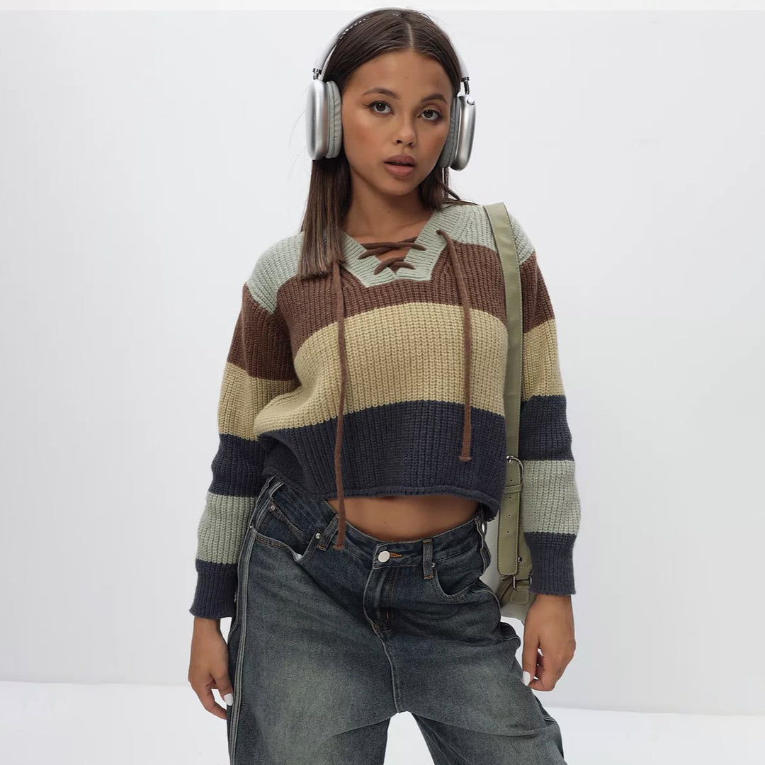 Damen Strickpullover mit lässigem V-Ausschnitt und dekorativem Schnürdetail Drune