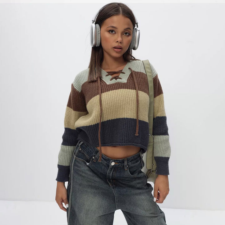 Damen Strickpullover mit lässigem V-Ausschnitt und dekorativem Schnürdetail Drune
