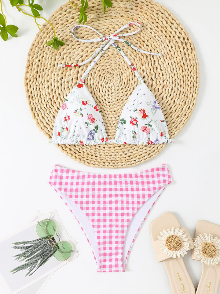 Damen Triangel-Bikini mit Floral- und Karomuster Drune