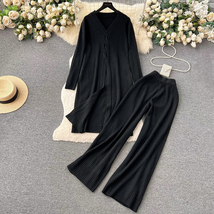 Damen elegantes Strickanzug mit V-Ausschnitt und weitem Bein Drune