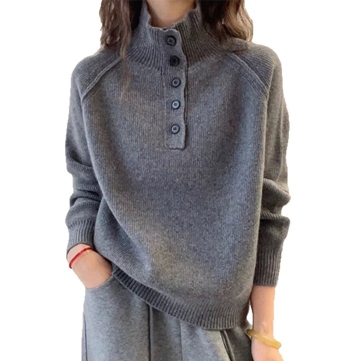 Damen Grobstrickpullover mit hochstehenden Kragen und dekorativen Knöpfen Drune