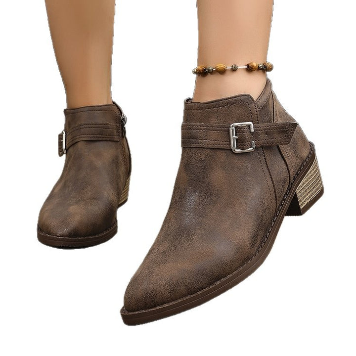 Damen Kurzschaft‑Ankle‑Boots mit seitlichem Reißverschluss, Zier­schnalle und geflochtener Keil‑Optik Drune