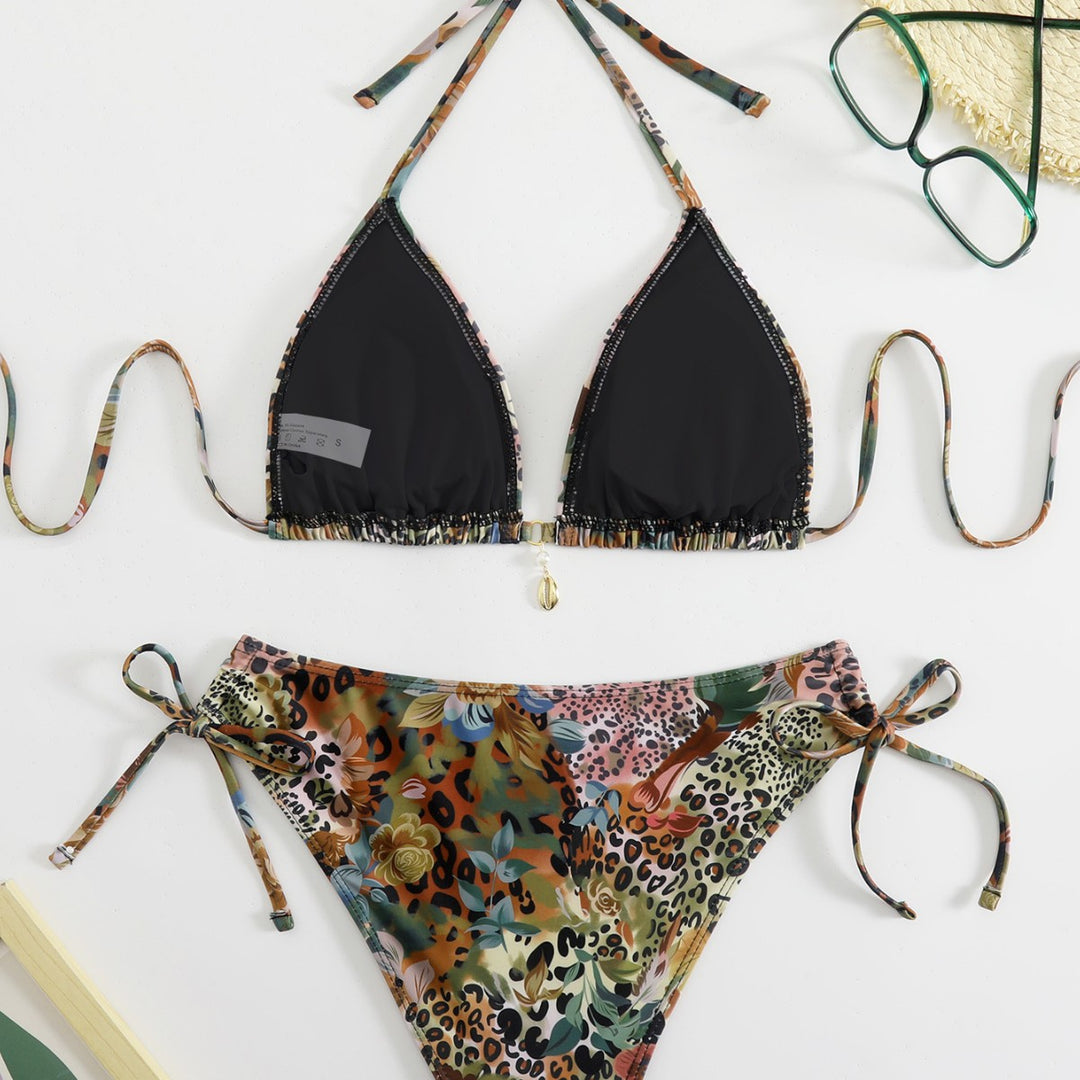 Damen Triangel-Bikini-Set mit floralem Leopardenmuster Drune