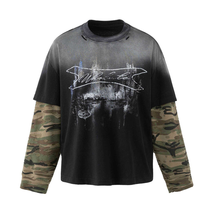 Herren weit geschnittenes Lagenlook T-Shirt mit Used-Effekt und Camouflage-Ärmeln Drune