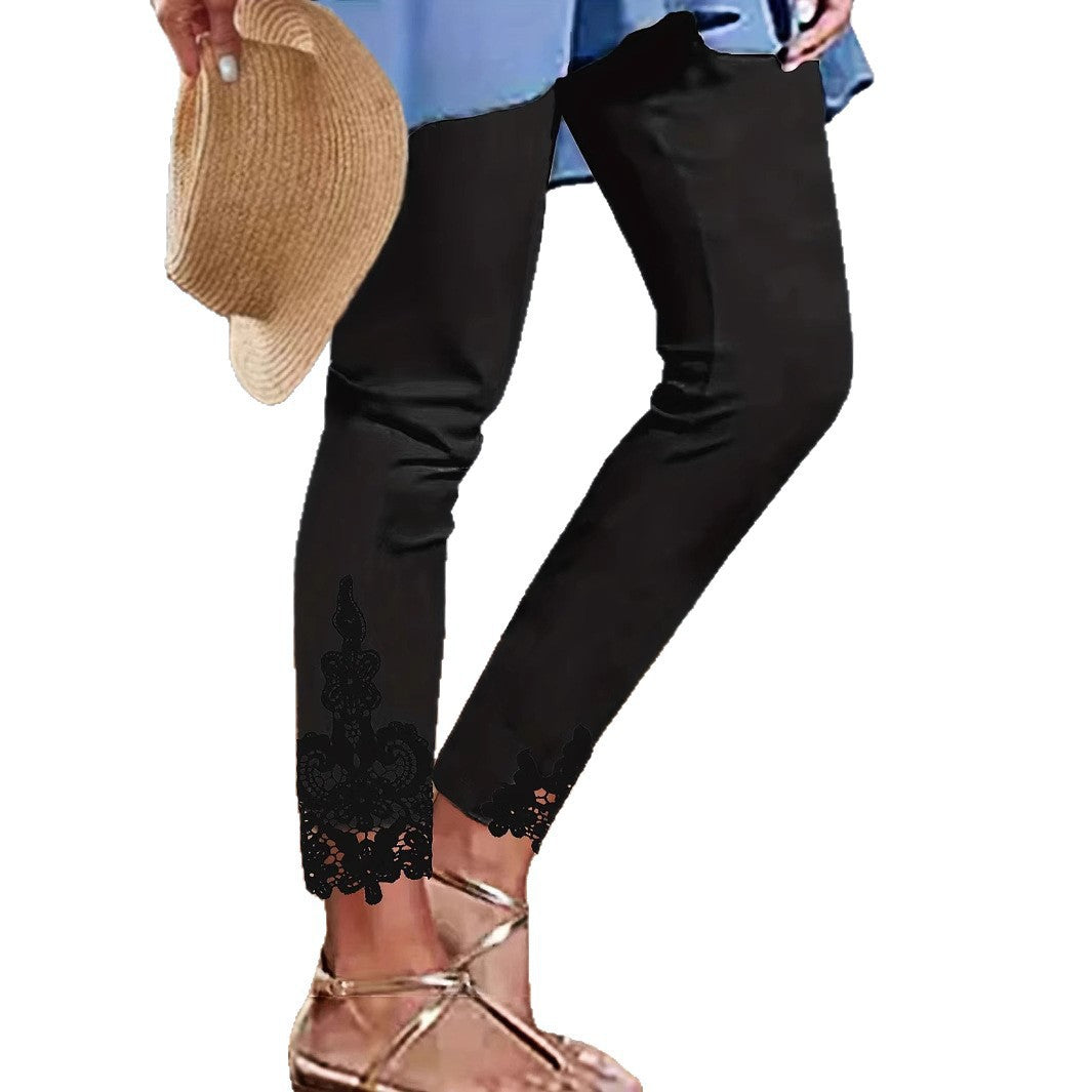 Damen Leggings mit spitzenbesetztem Saum und elastischem Bund Drune