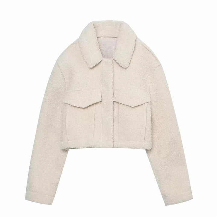 Damen Kurze Teddyjacke im Schaffell-Look mit weitem Kragen und Pattentaschen Drune