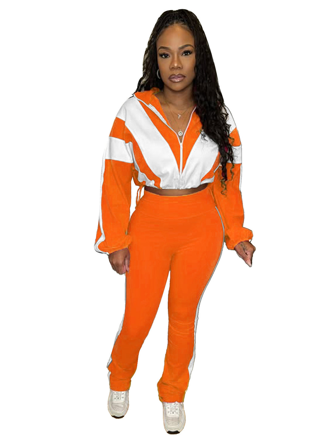 Damen retro Nylon-Trainingsanzug mit Kapuzen-Zipjacke und weiter hochgeschnittener Hose Drune