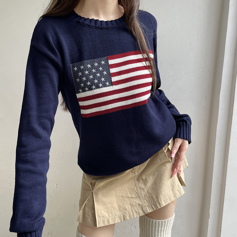 Damen Kuscheliger Baumwollmix-Strickpullover mit Rundhals und eingestrickter Flaggenapplikation Drune