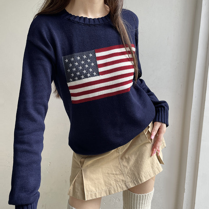 Damen Kuscheliger Baumwollmix-Strickpullover mit Rundhals und eingestrickter Flaggenapplikation Drune