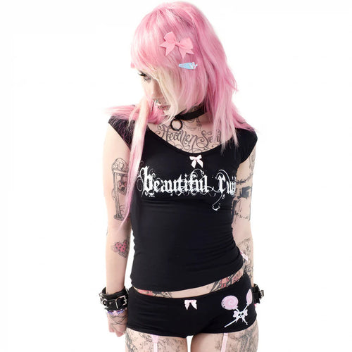 Damen Kurzarmshirt mit stilvollem Schriftzug und dekorativem Schleifenakzent Drune