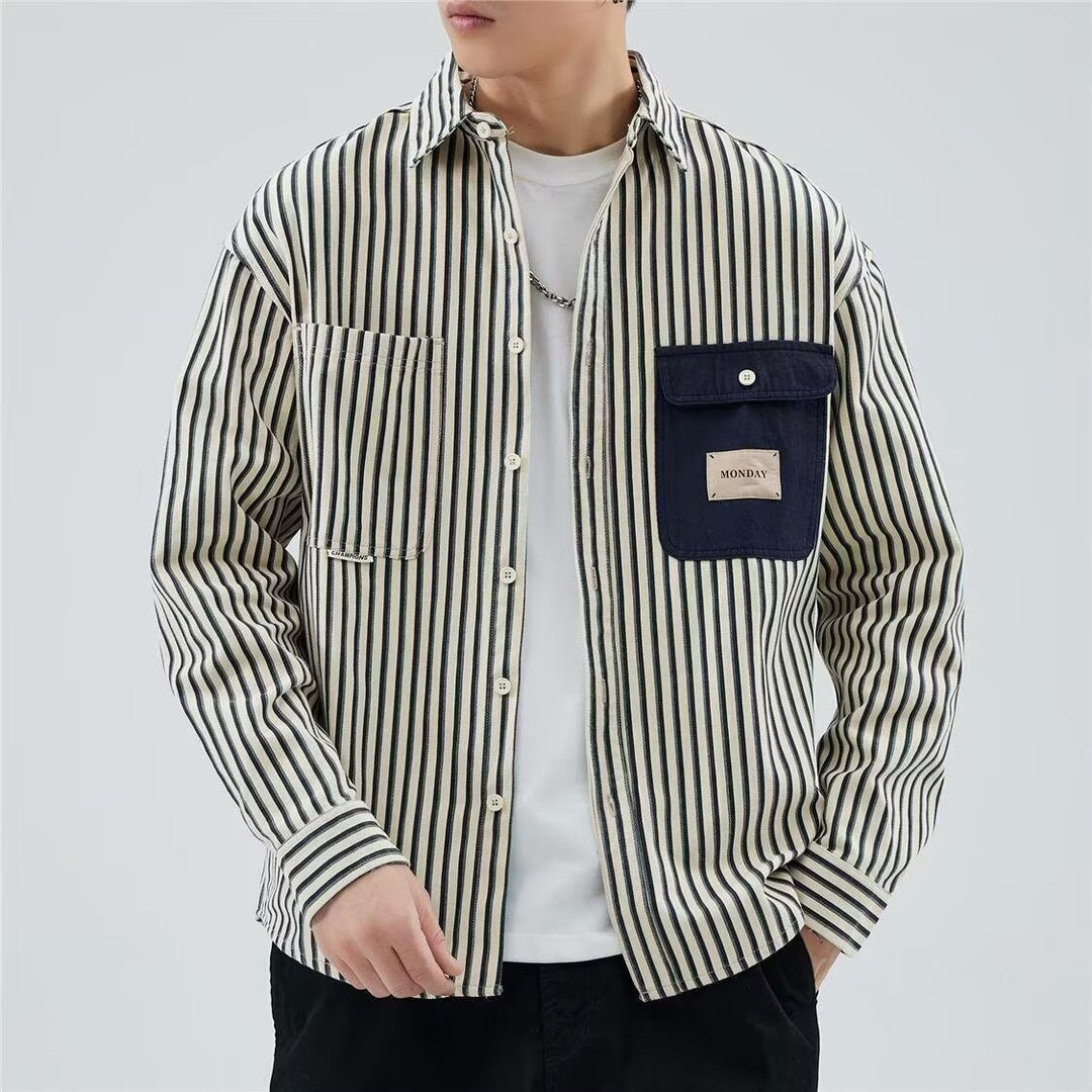 Herren Gestreiftes Overshirt im Workwear-Stil mit kontrastierter Brusttasche Drune