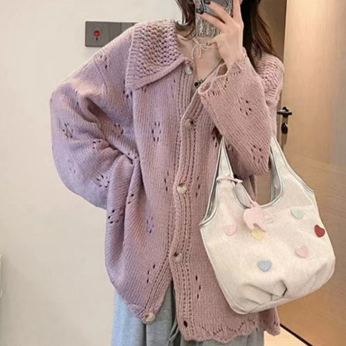 Damen Strickjacke mit floralem Lochmuster und großem Kragen Drune